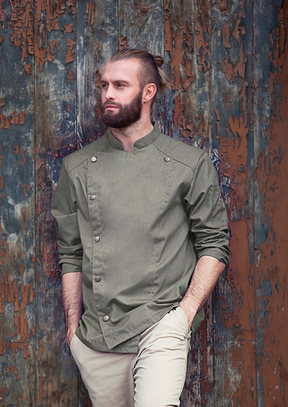 Karlowsky Langarm Herren-Kochjacke Jeans-Style in vintage moss green, leicht tailliert JM 24-103-52