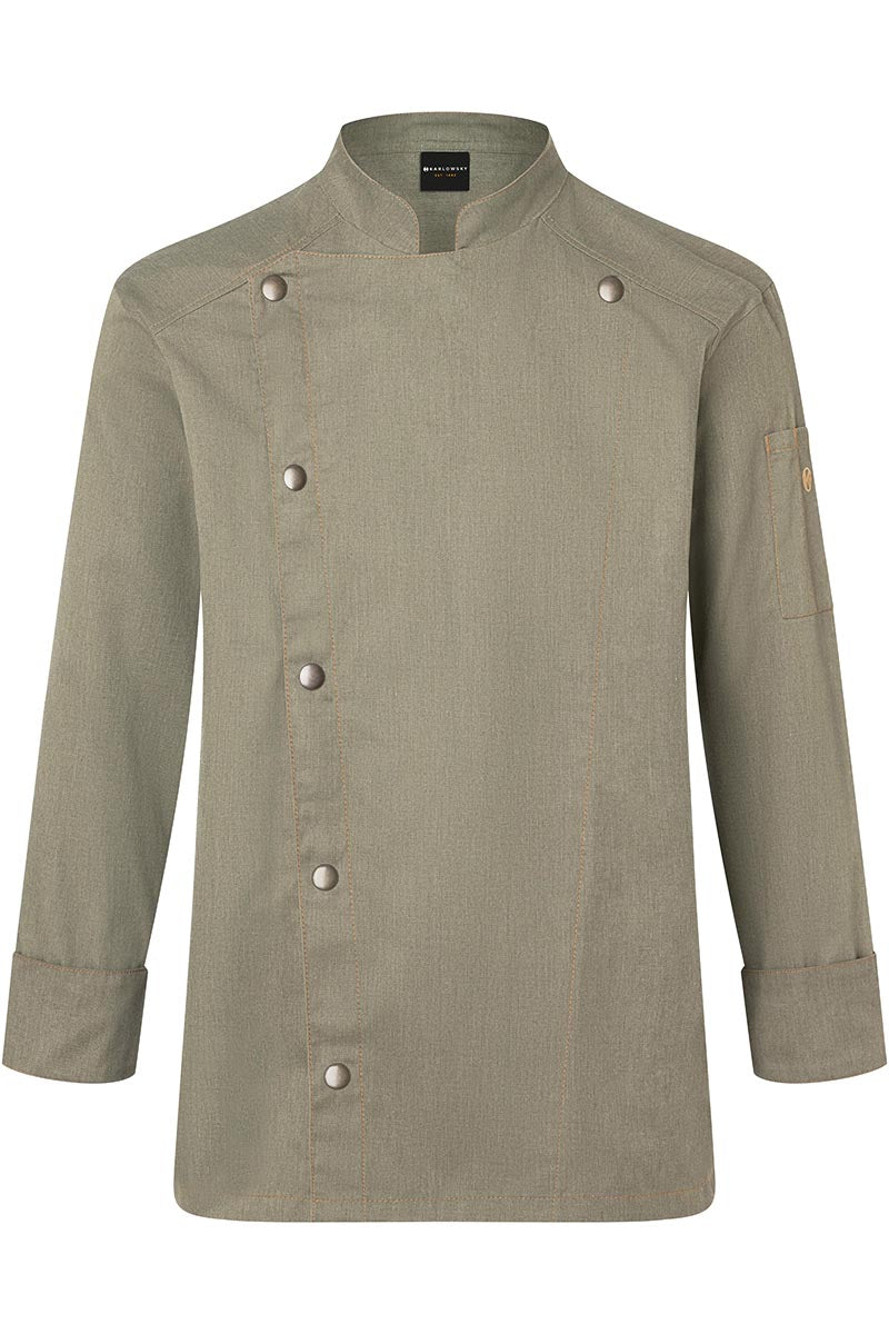Karlowsky Langarm Herren-Kochjacke Jeans-Style in vintage moss green, leicht tailliert JM 24-103-52