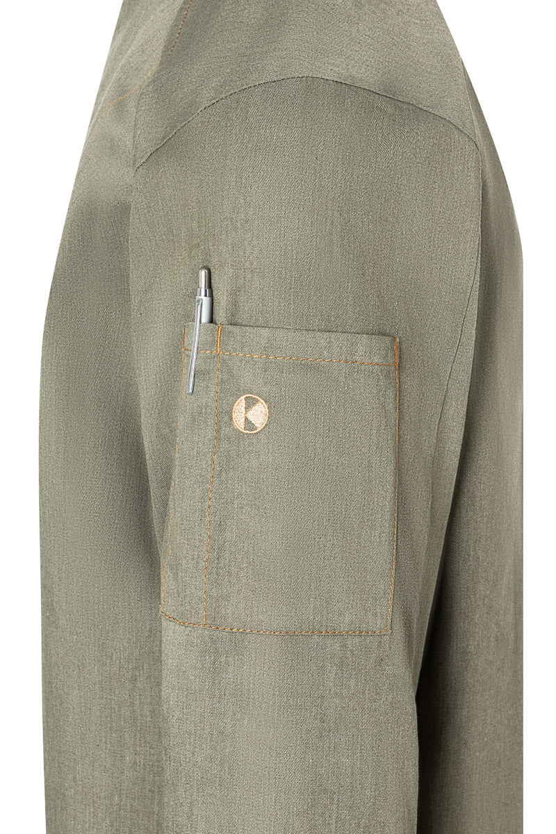 Karlowsky Langarm Herren-Kochjacke Jeans-Style in vintage moss green, leicht tailliert JM 24-103-52