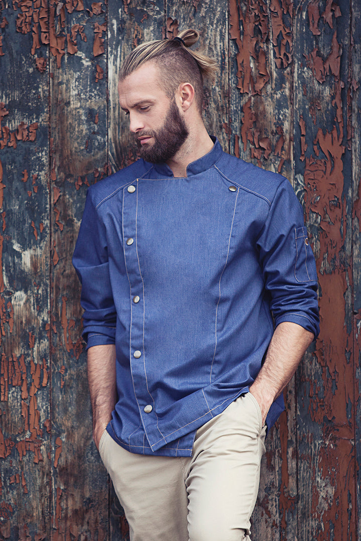 Karlowsky Langarm Herren-Kochjacke Jeans-Style in vintage blue, leicht tailliert JM 24-15-52
