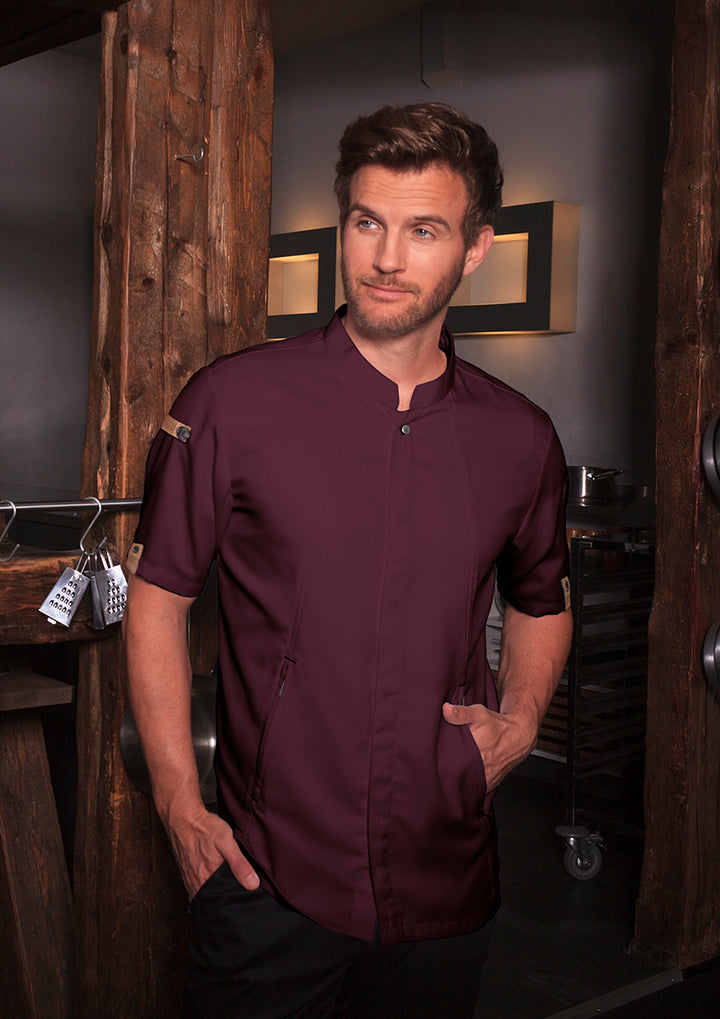 Karlowsky Kurzarm Herren-Kochjacke Green Generation in aubergine, leicht tailliert JM 36-39-62