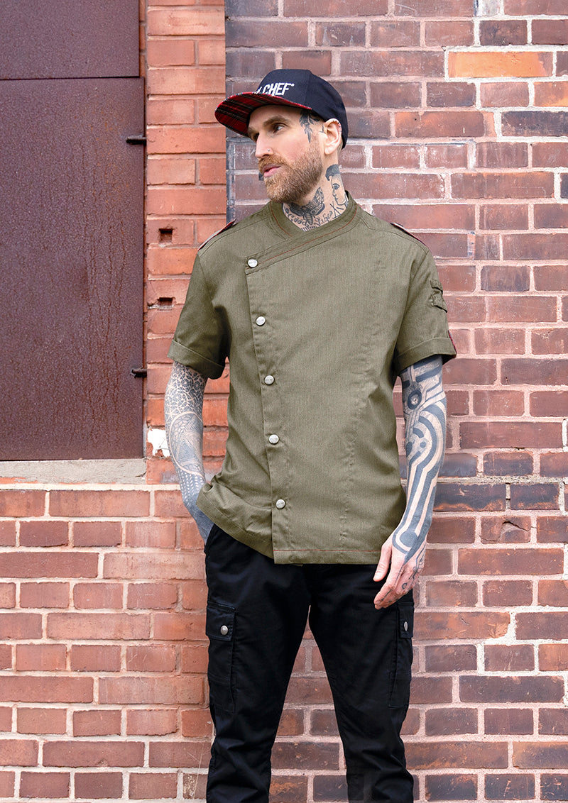 ROCK CHEF® Kurzarm Herren-Kochjacke Stage2 Denim-Style in vintage moss green, Regular Fit RCJM 19-103-52