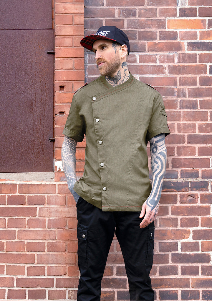 ROCK CHEF® Kurzarm Herren-Kochjacke Stage2 Denim-Style in vintage moss green, Regular Fit RCJM 19-103-52