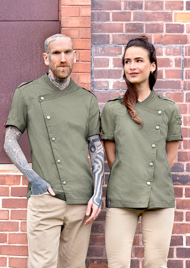 ROCK CHEF® Kurzarm Herren-Kochjacke Stage2 Denim-Style in vintage moss green, Regular Fit RCJM 19-103-52
