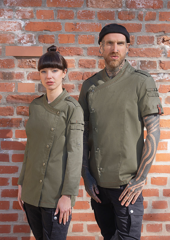 ROCK CHEF® Kurzarm Herren-Kochjacke Stage2 Denim-Style in vintage moss green, Regular Fit RCJM 19-103-52
