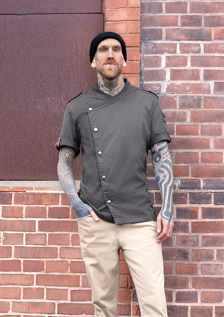 ROCK CHEF®Kurzarm Herren-Kochjacke Stage2 Denim-Style in vintage black, Regular Fit RCJM 19-16-52