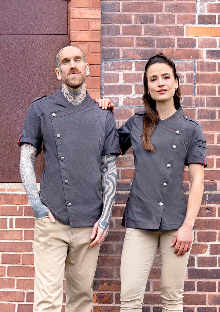 ROCK CHEF®Kurzarm Herren-Kochjacke Stage2 Denim-Style in vintage black, Regular Fit RCJM 19-16-52